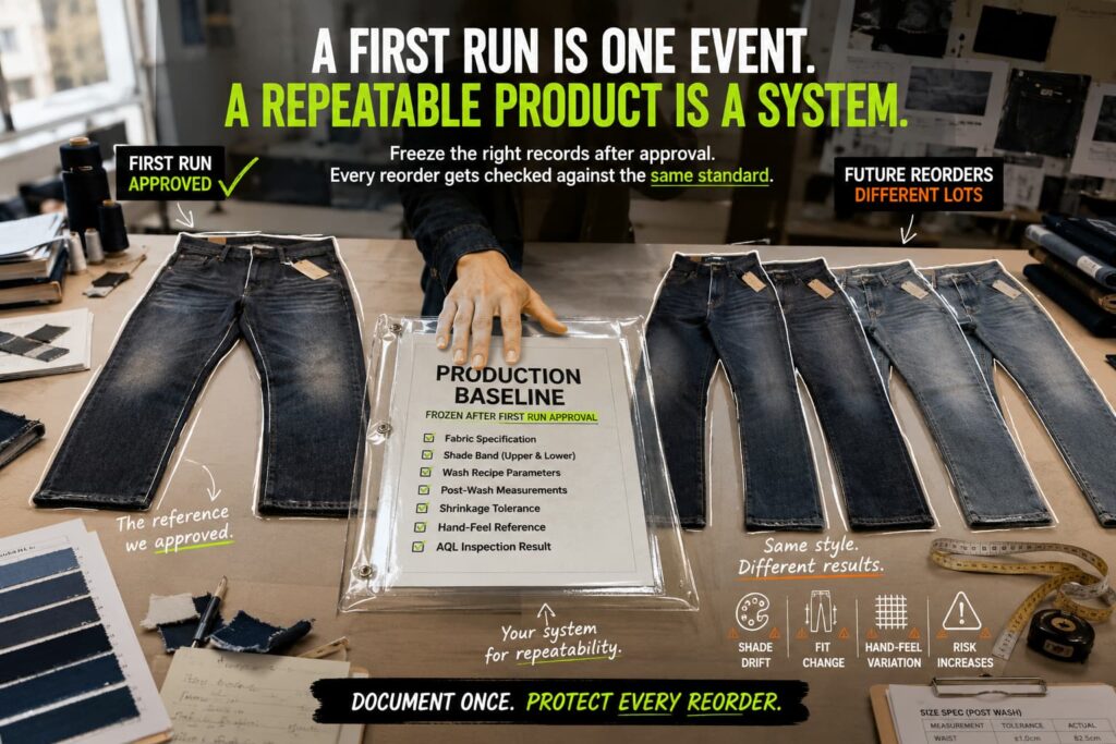a denim brand checking a reorder lot against a frozen production baseline before cutting
