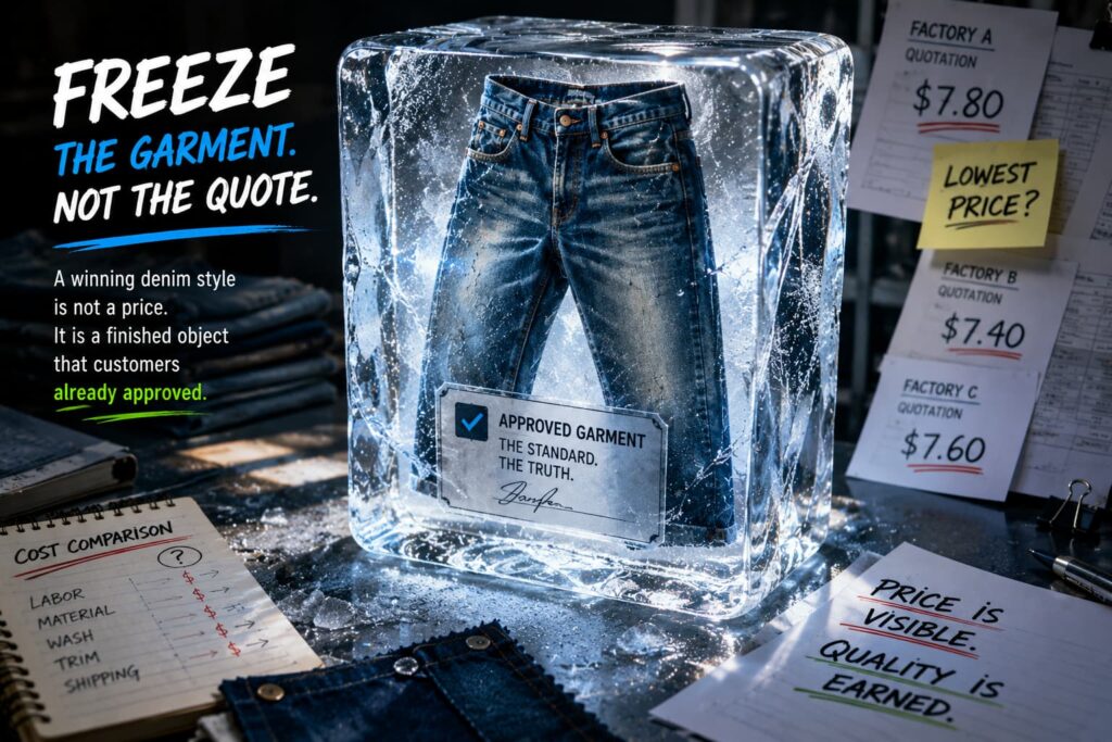 approved denim reference garment frozen before switching production source
