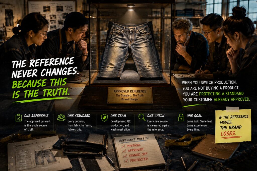 approved denim reference garment used to verify new production source