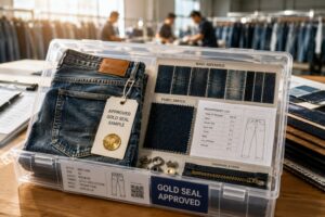 approved denim sample archived with wash and fabric records for reorders