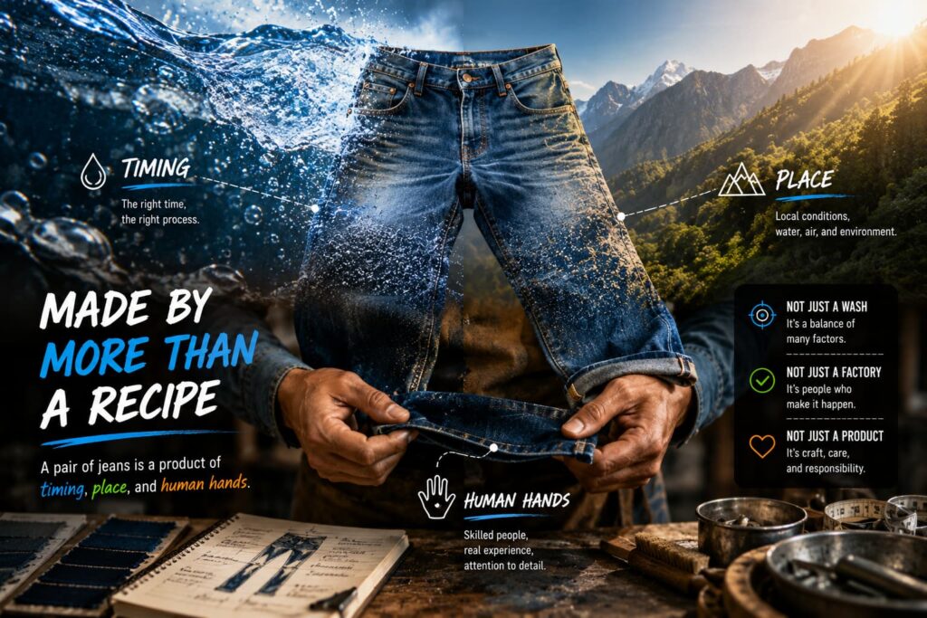 artisan hands water and denim fabric representing wash craftsmanship