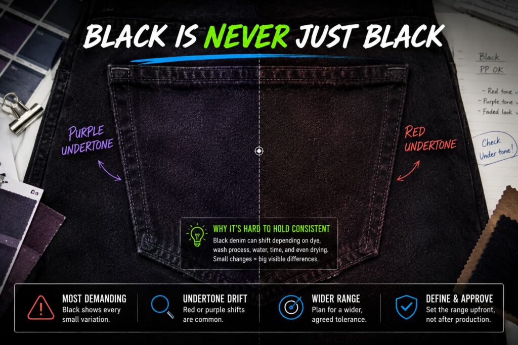 black denim wash showing red and purple undertone variation