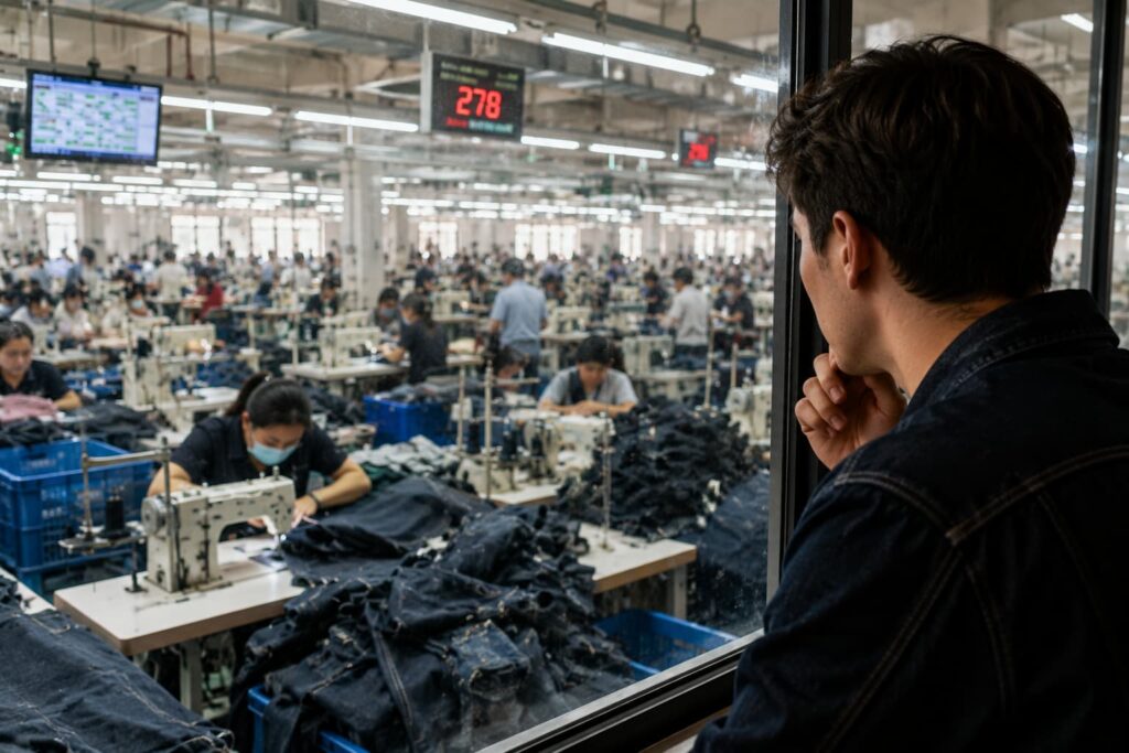 buyer observing busy denim production line before manufacturing capacity assessment