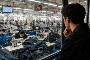 buyer observing busy denim production line before manufacturing capacity assessment
