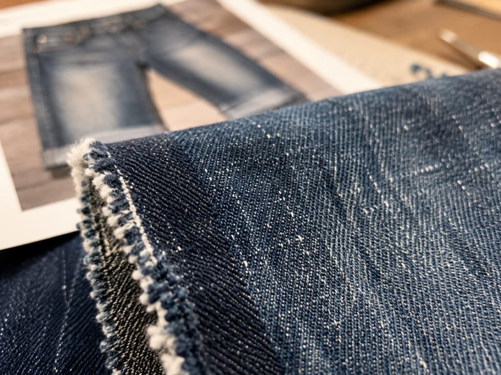 close up denim fabric texture compared against visual reference image during development