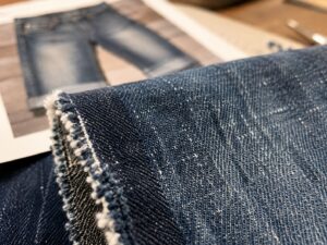 close up denim fabric texture compared against visual reference image during development
