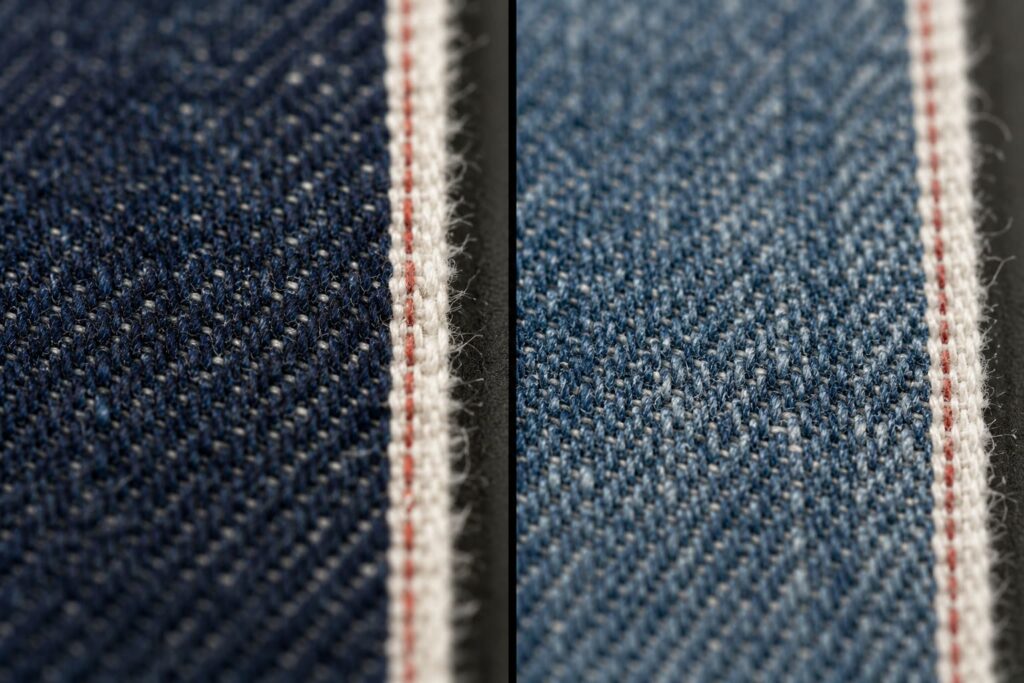 comparing denim fabric lots showing color and yarn variation before production