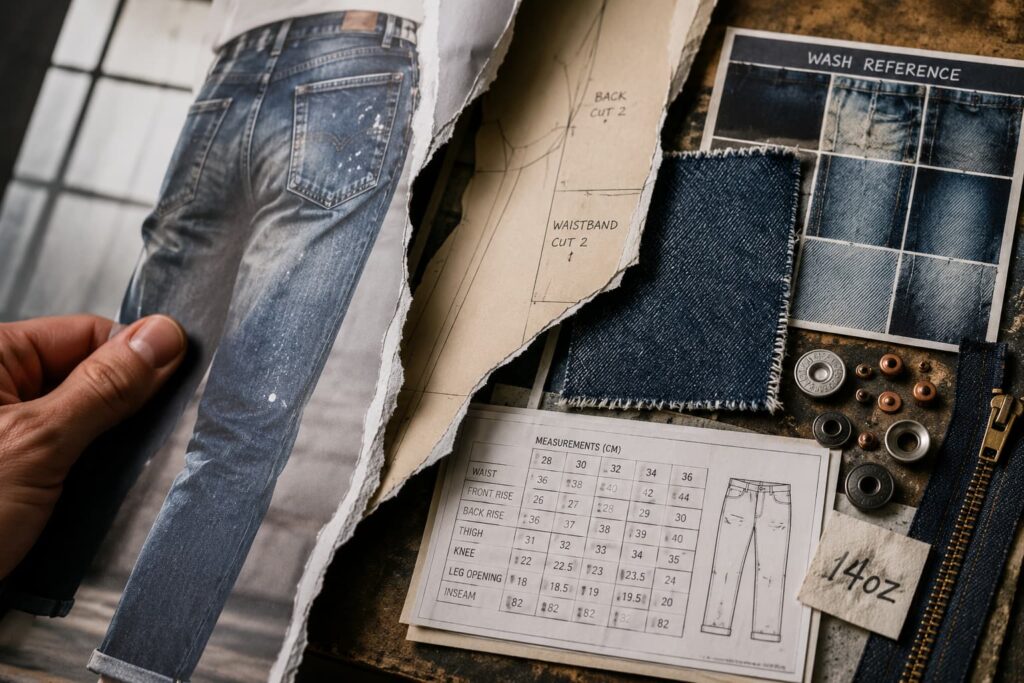 creator reference image opening into real denim pattern, wash and fabric decisions