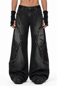 custom black wash wide leg denim pants sample