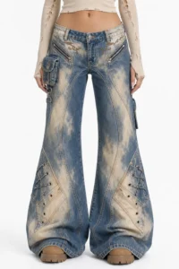 custom blue sand wash lace up wide leg jeans sample