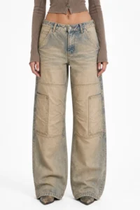 custom light sand wash wide leg jeans sample