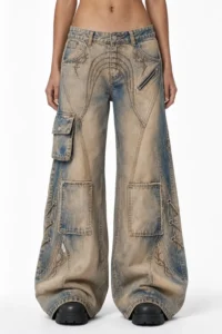 custom sand wash wide leg cargo jeans sample