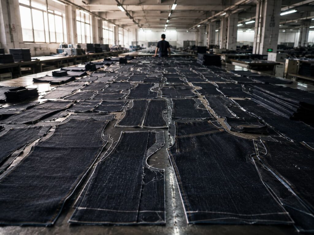 cut denim pattern pieces spread across production table after cutting