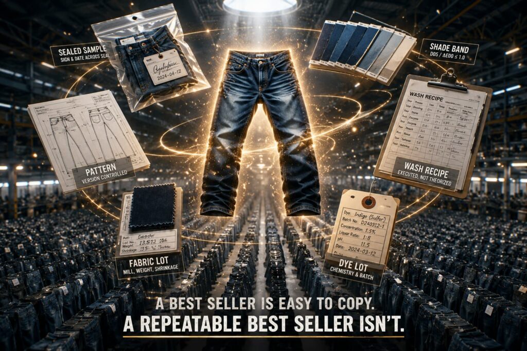 denim bestseller surrounded by reorder records before scaling production