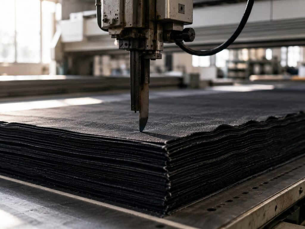 denim fabric stacked on cutting table moments before bulk cutting