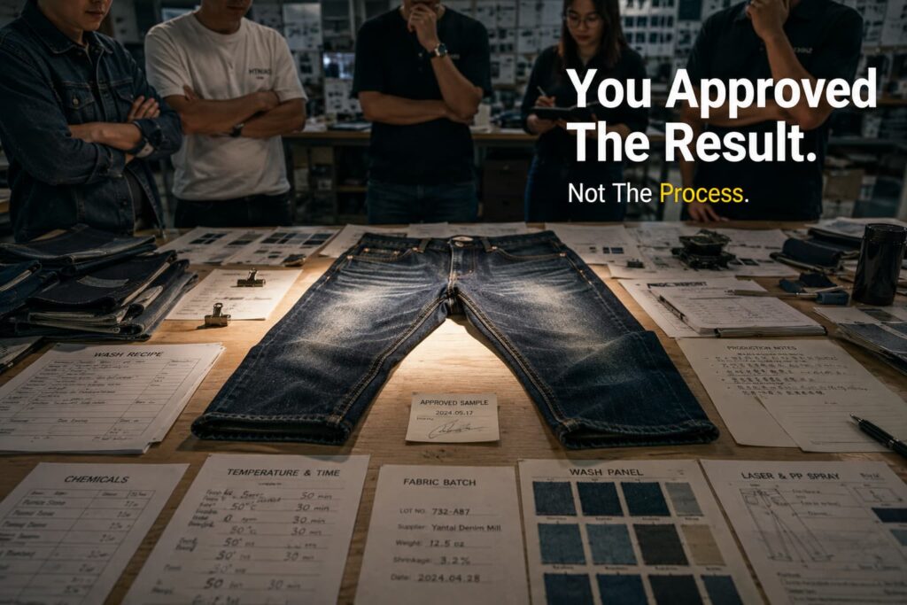 denim product developer comparing dozens of reorder samples showing gradual wash color drift across production lots