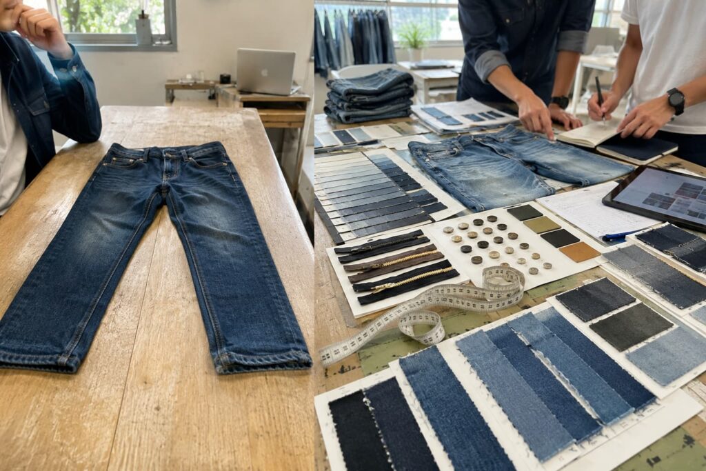 denim product team reviewing samples, wash standards and production records before approval