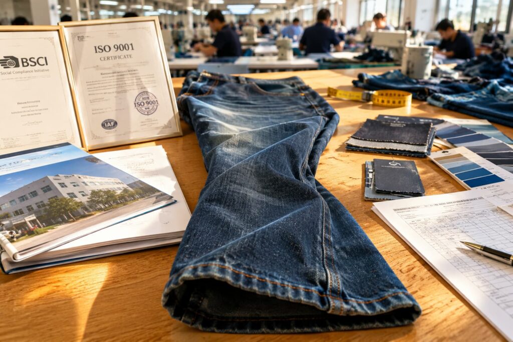 denim sample showing leg twist beside factory certifications during supplier evaluation