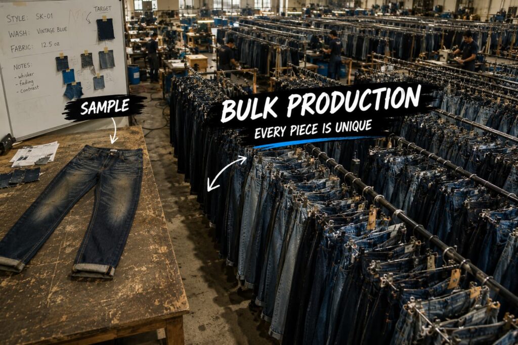 denim wash shade range showing approved color variation before bulk production (2)