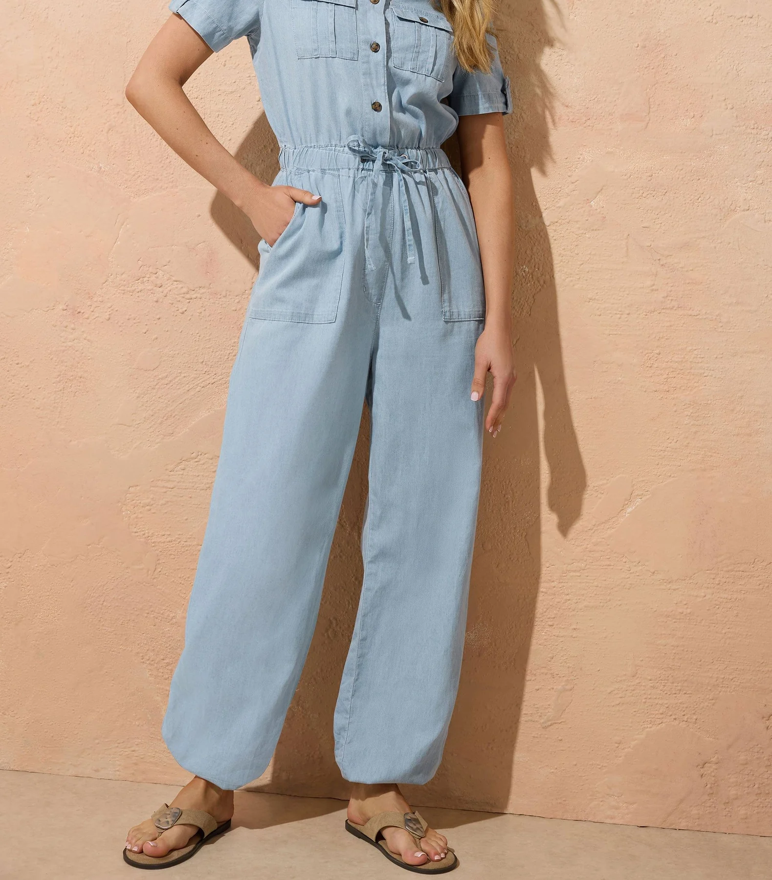 drawstring chambray denim jumpsuit 01
