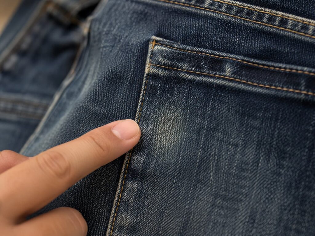 finger pointing at denim shade variation during inspection
