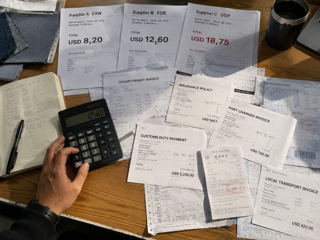 founder comparing denim supplier quotes while hidden import costs pile up