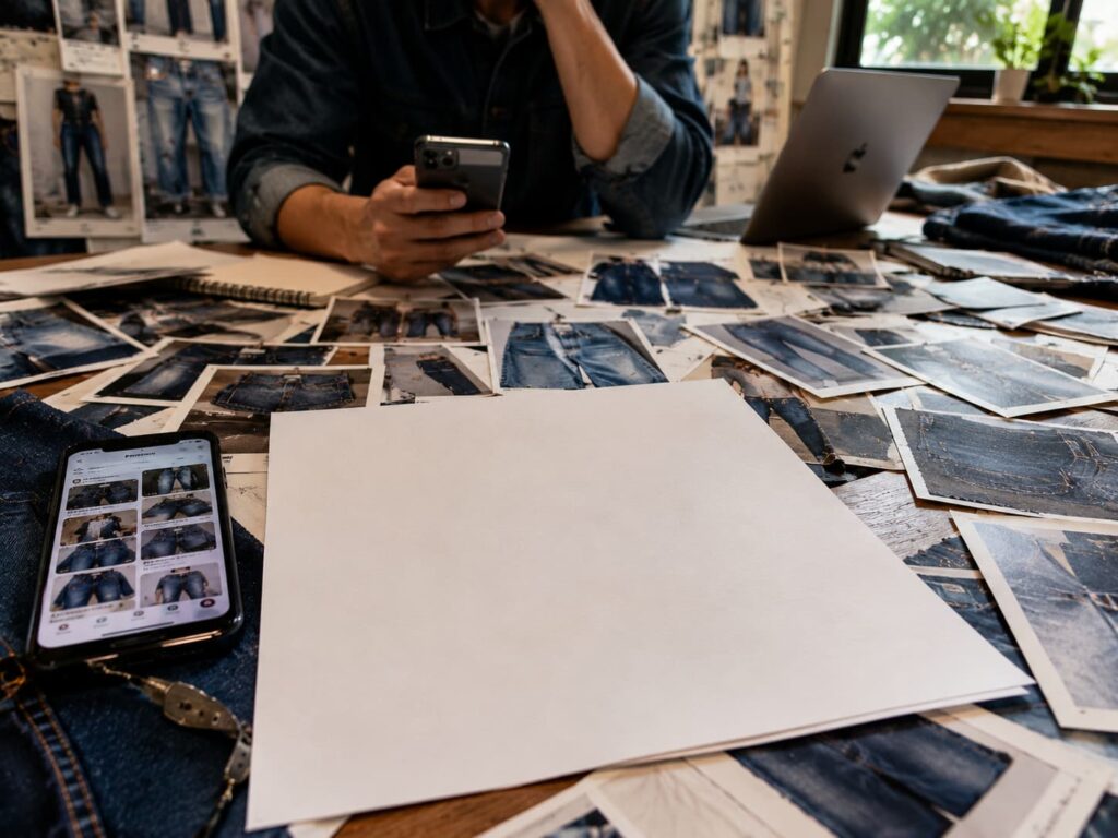 founder reviewing denim reference images before sample development without documented specifications