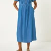 gathered v neck denim midi dress 01