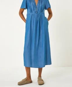 gathered v neck denim midi dress 01