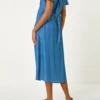 gathered v neck denim midi dress 02