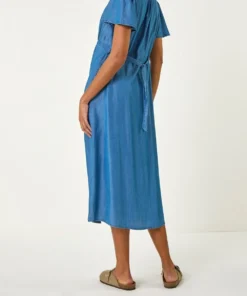 gathered v neck denim midi dress 02