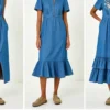 gathered v neck denim midi dress 03