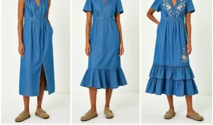 gathered v neck denim midi dress 03