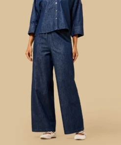 indigo cropped top wide leg denim set 01