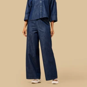 indigo cropped top wide leg denim set 01