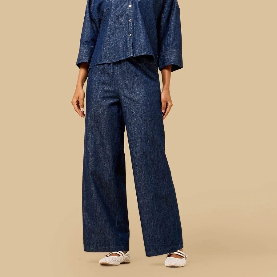 indigo cropped top wide leg denim set 01