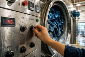 operator adjusting denim wash process variables before bulk production