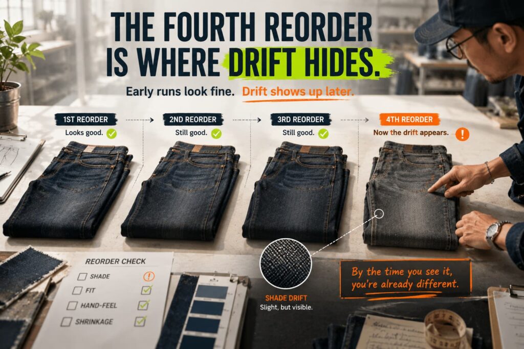 production baseline fields a scaling denim brand freezes after first run approval fabric spec, shade band, wash recipe, shrinkage, hand feel, aql