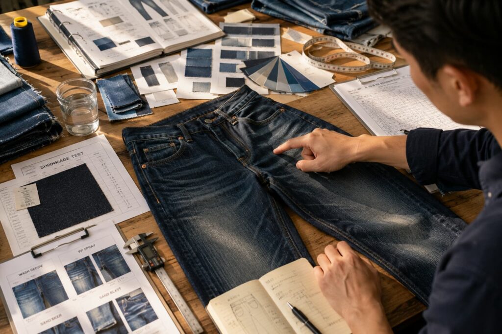 reviewing denim wash, fabric, fit and construction before factory approval