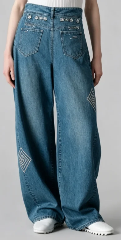 rose embroidered lace up wide leg jeans 04