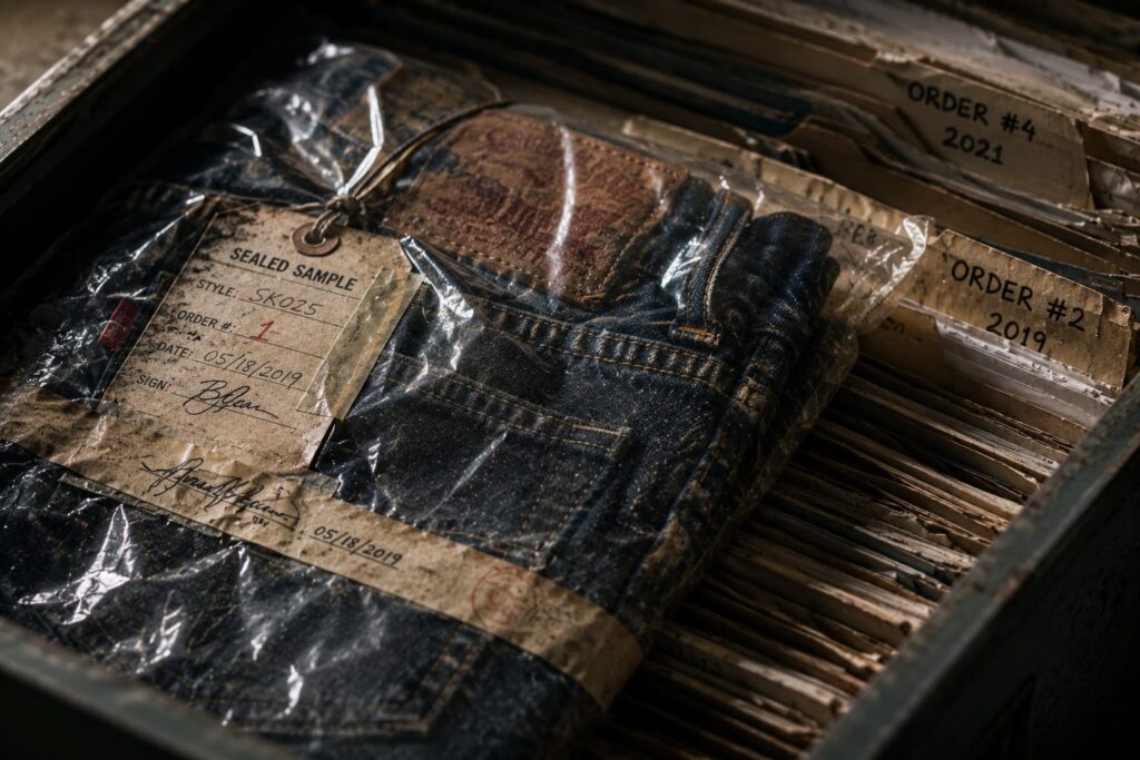 sealed denim sample stored with reorder records for future production reference