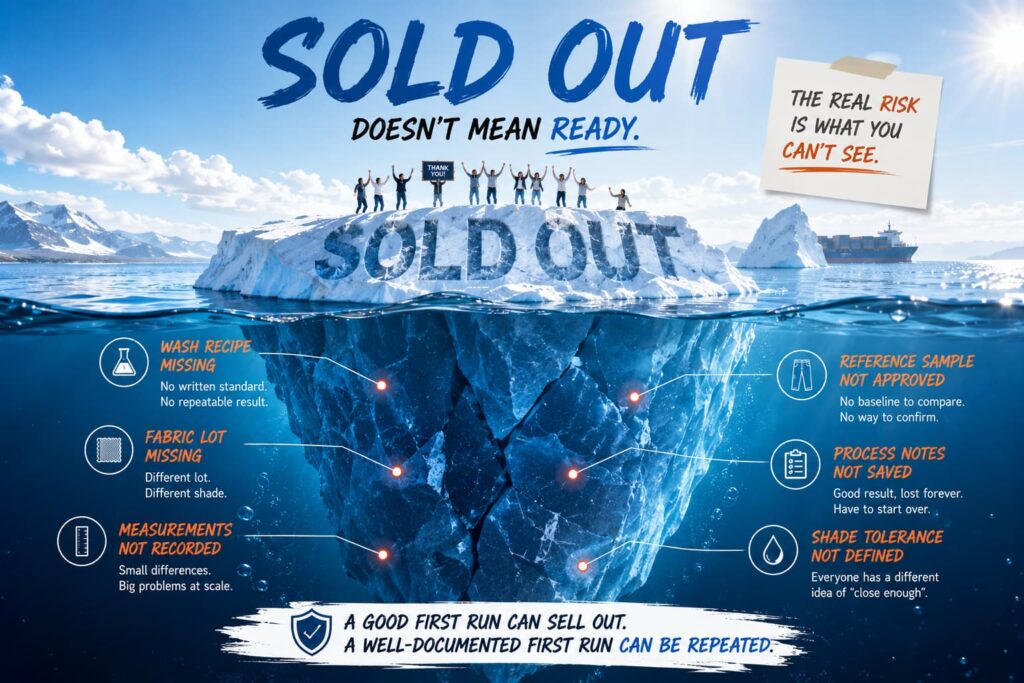 sold out denim launch hiding undocumented production risks beneath the surface