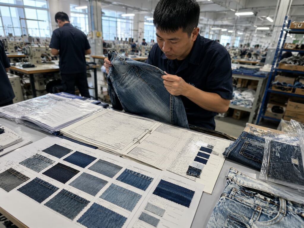 technician reproducing denim wash using archived production records