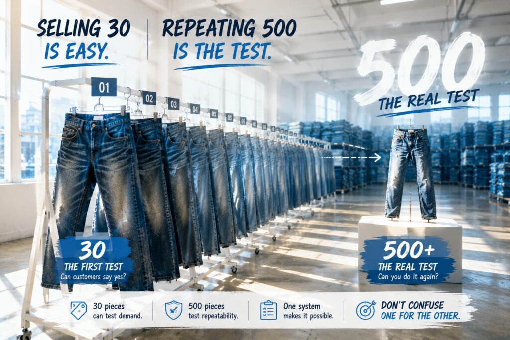 thirty piece denim test run compared with larger reorder production challenge