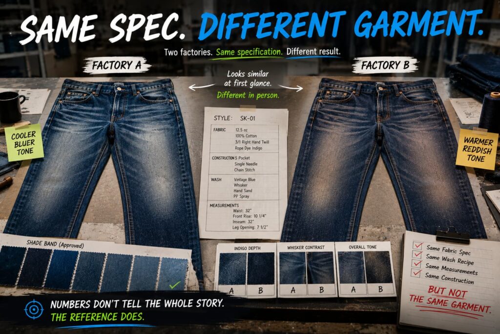 two denim garments matching specifications but showing different washed outcomes