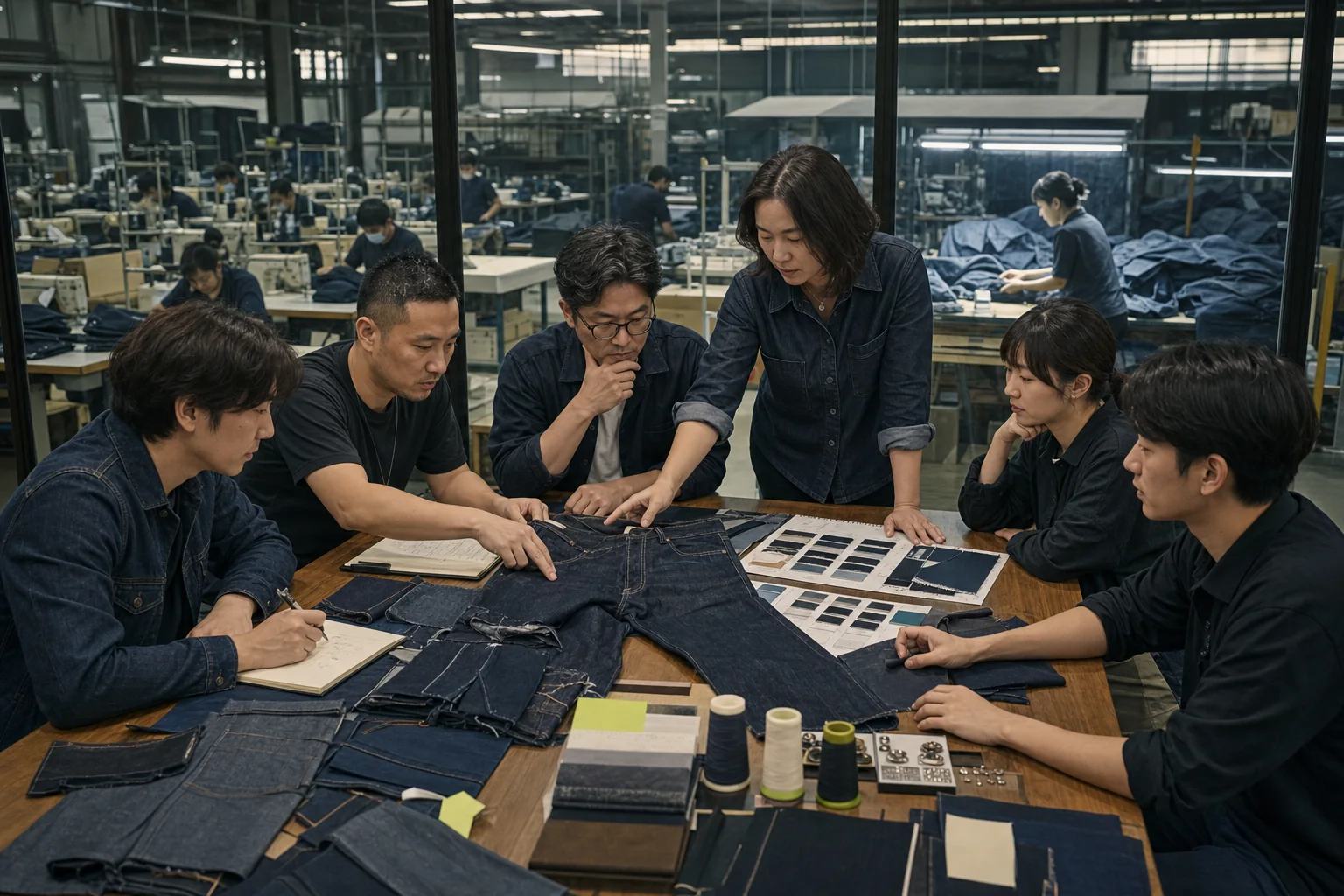Denim product team coordinating approved samples, wash standards, fabric continuity and production planning beside a factory floor