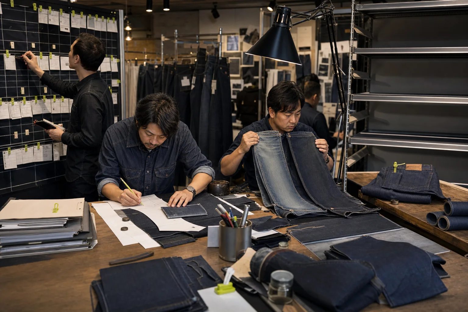 Denim production team managing scheduling pressure, pattern revisions, wash shade differences and limited fabric for a reorder