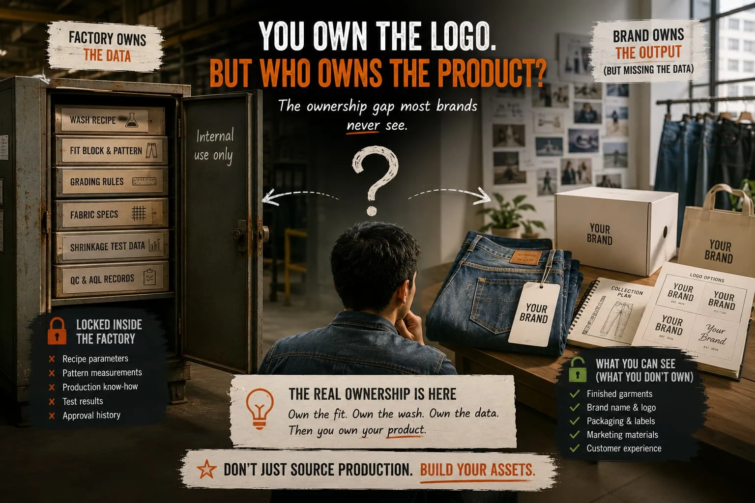 Private label jeans brand reviewing ownership of fit, wash and production data