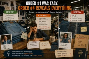 Private label jeans reorder consistency compared across first and repeat orders