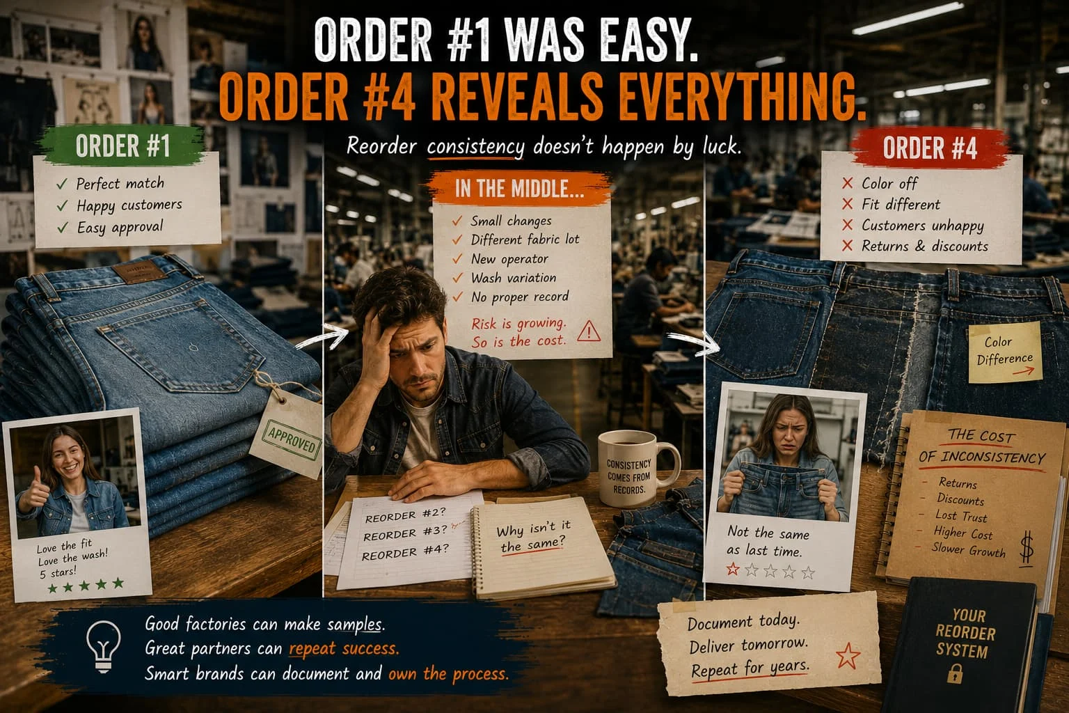 Private label jeans reorder consistency compared across first and repeat orders
